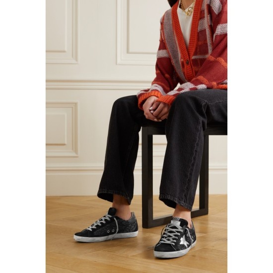 Superstar distressed suede, leather and glittered lace sneakers