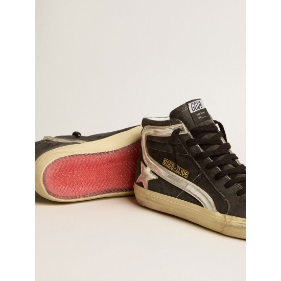 Slide in black suede with silver metallic leather star and flash