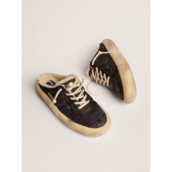 Men's Space-Star Sabot shoes in quilted black nylon with shearling lining