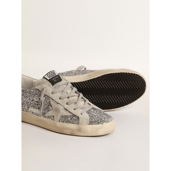 Women's Super-Star in silver glitter with ice-gray suede star