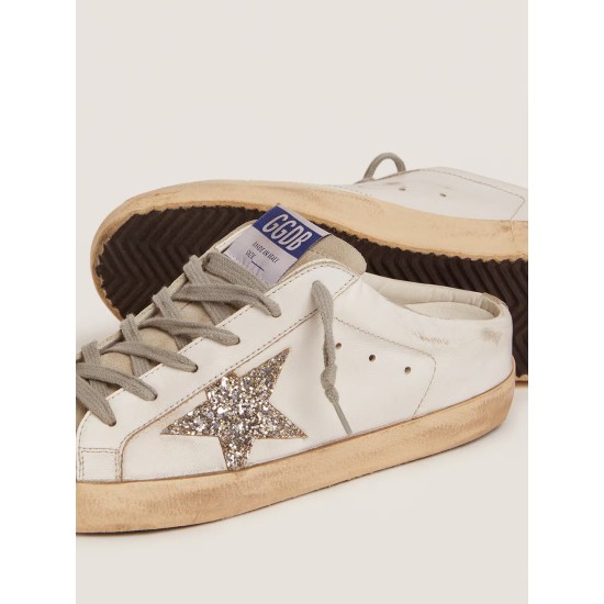Super-Star Sabots in white leather and gray suede with silver glitter star