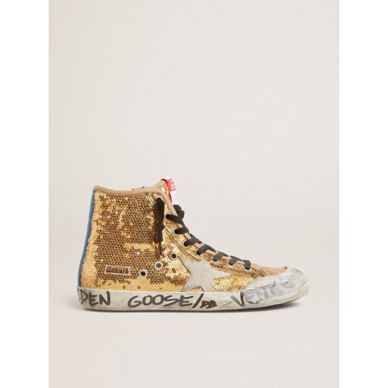 Francy Penstar in gold glitter with suede star and bright blue heel tab