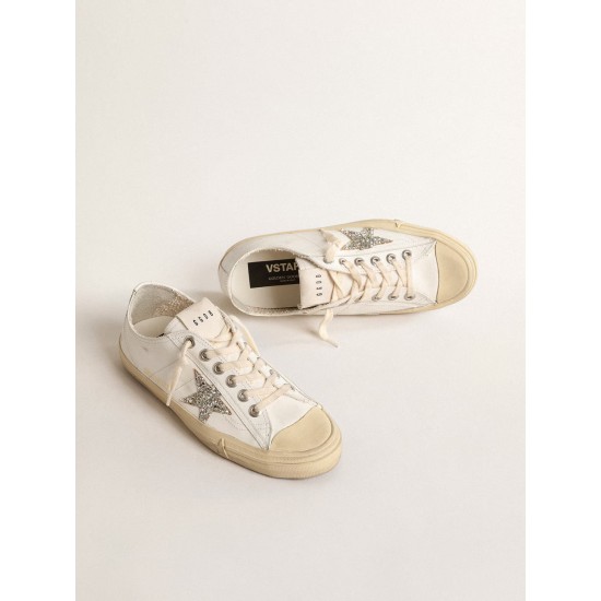 V-Star in white leather with a platinum glitter star