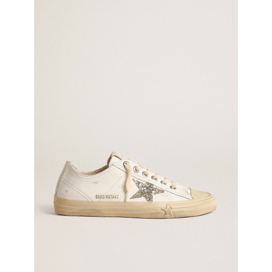 V-Star in white leather with a platinum glitter star