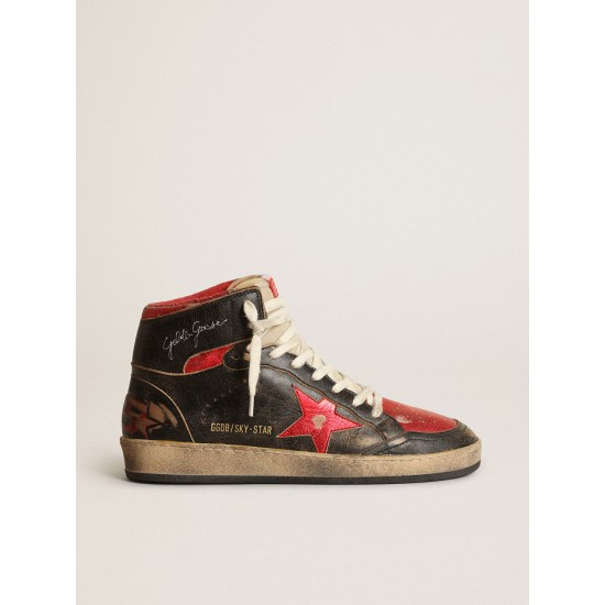 Women's Sky-Star in black glossy leather with red star