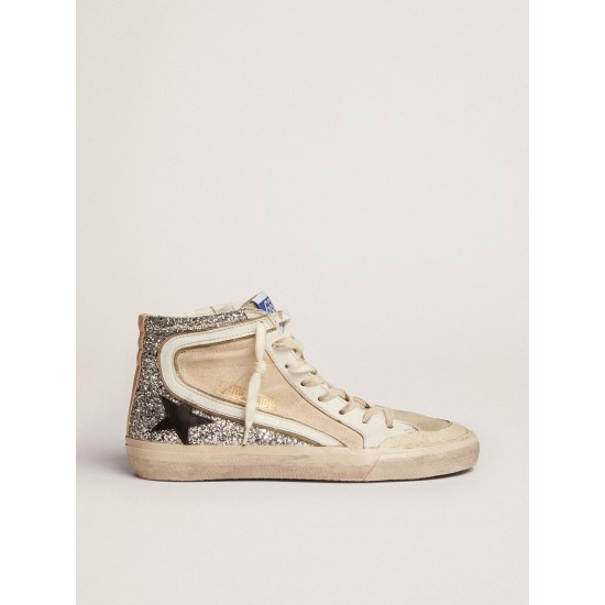 Women's Slide Penstar in cream-colored canvas and silver glitter
