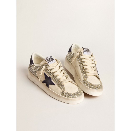 Stardan in platinum glitter with dark blue suede star and heel tab