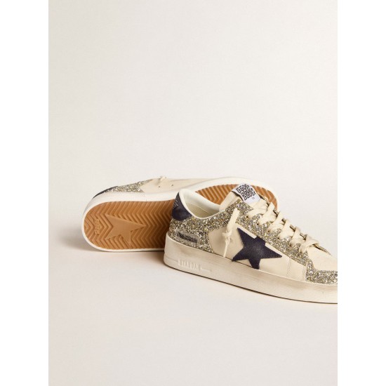 Stardan in platinum glitter with dark blue suede star and heel tab