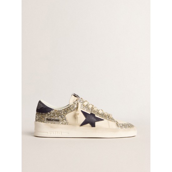 Stardan in platinum glitter with dark blue suede star and heel tab