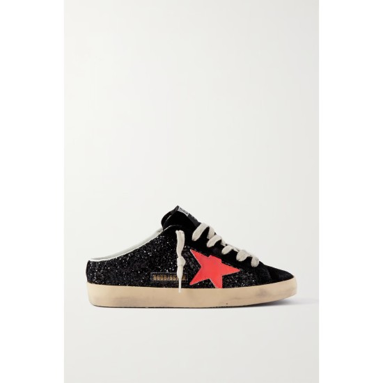 Super-Star Sabot distressed glittered leather and suede slip-on sneakers