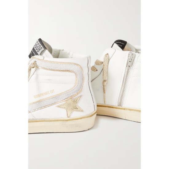 Slide distressed suede and metallic-trimmed leather high-top sneakers