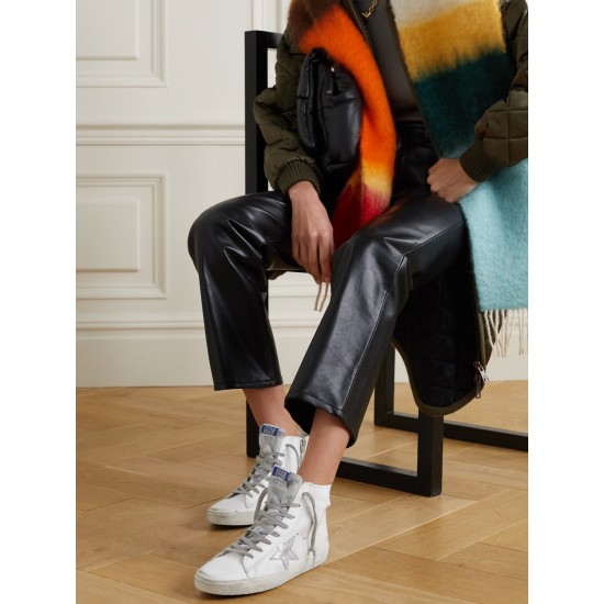 Francy glittered distressed leather and suede high-top sneakers